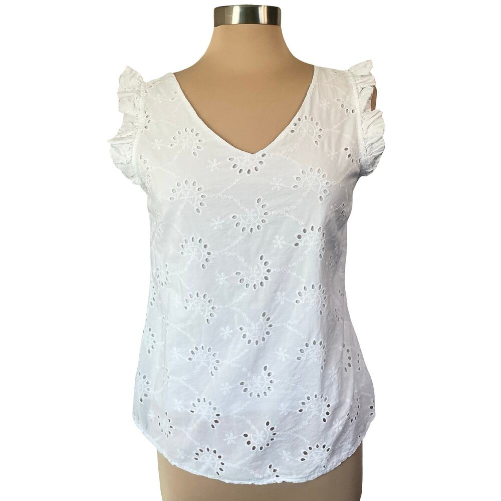 Valentina Naldi Made in Italy White Eyelet Top MED Ruffle Sleeve Boho Cottage